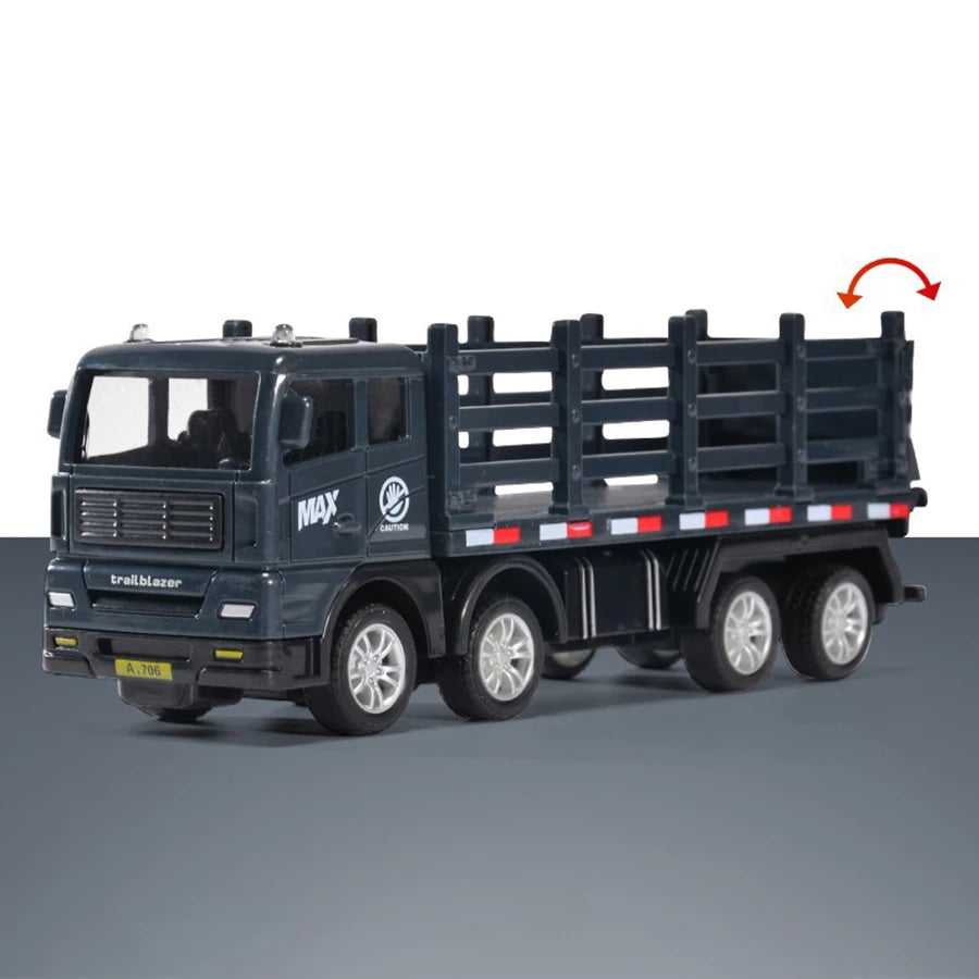 A black pull-back container truck toy for kids with a flatbed and cabin.
