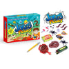 A box of Jokes & Pranks kit featuring various gag items like a slingshot, rubber spiders, and a lollipop.