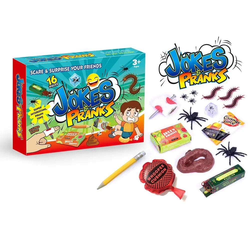 A box of Jokes & Pranks kit featuring various gag items like a slingshot, rubber spiders, and a lollipop.