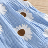 Light blue cotton romper for a baby girl with a white and brown floral print