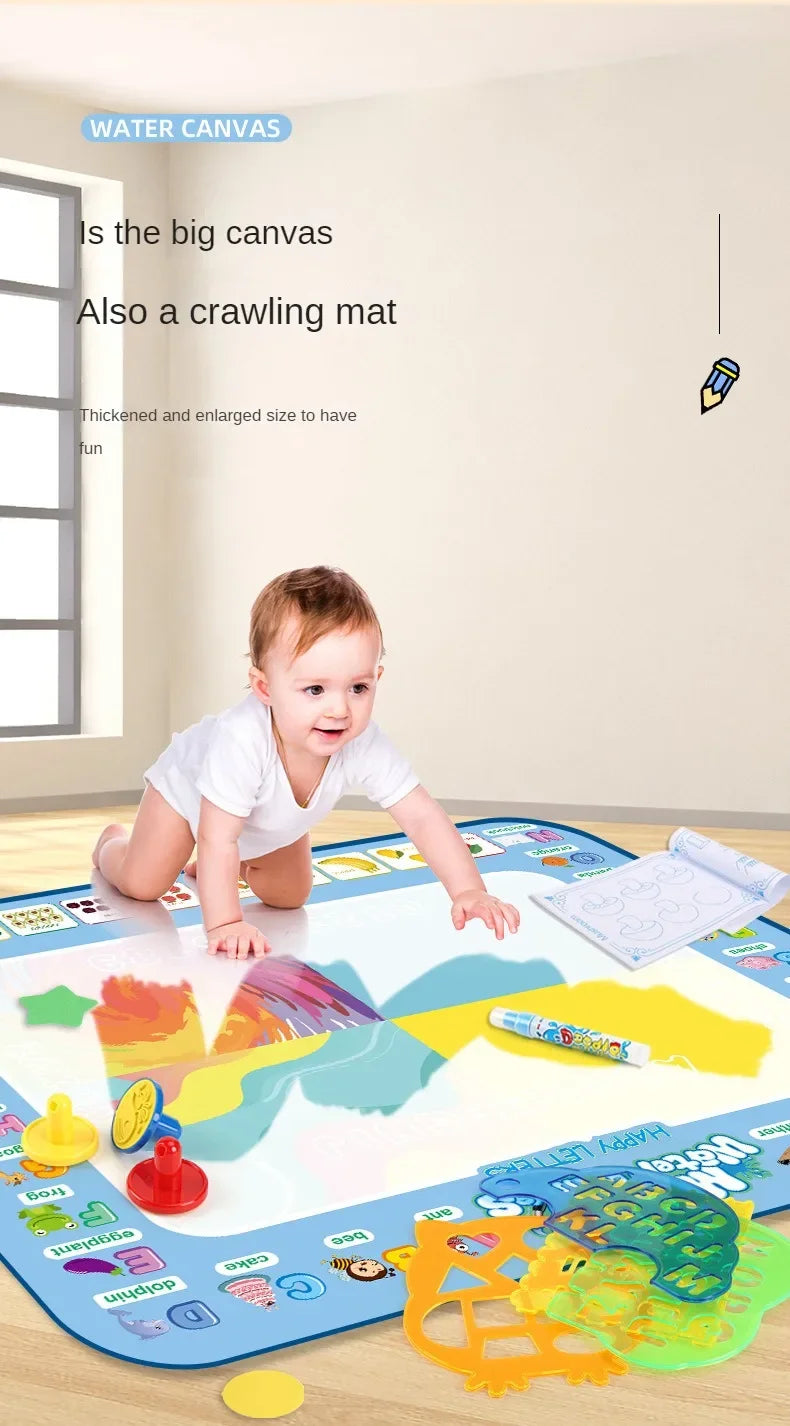 A child is playing on a large magic water drawing mat filled with colorful shapes and pens.