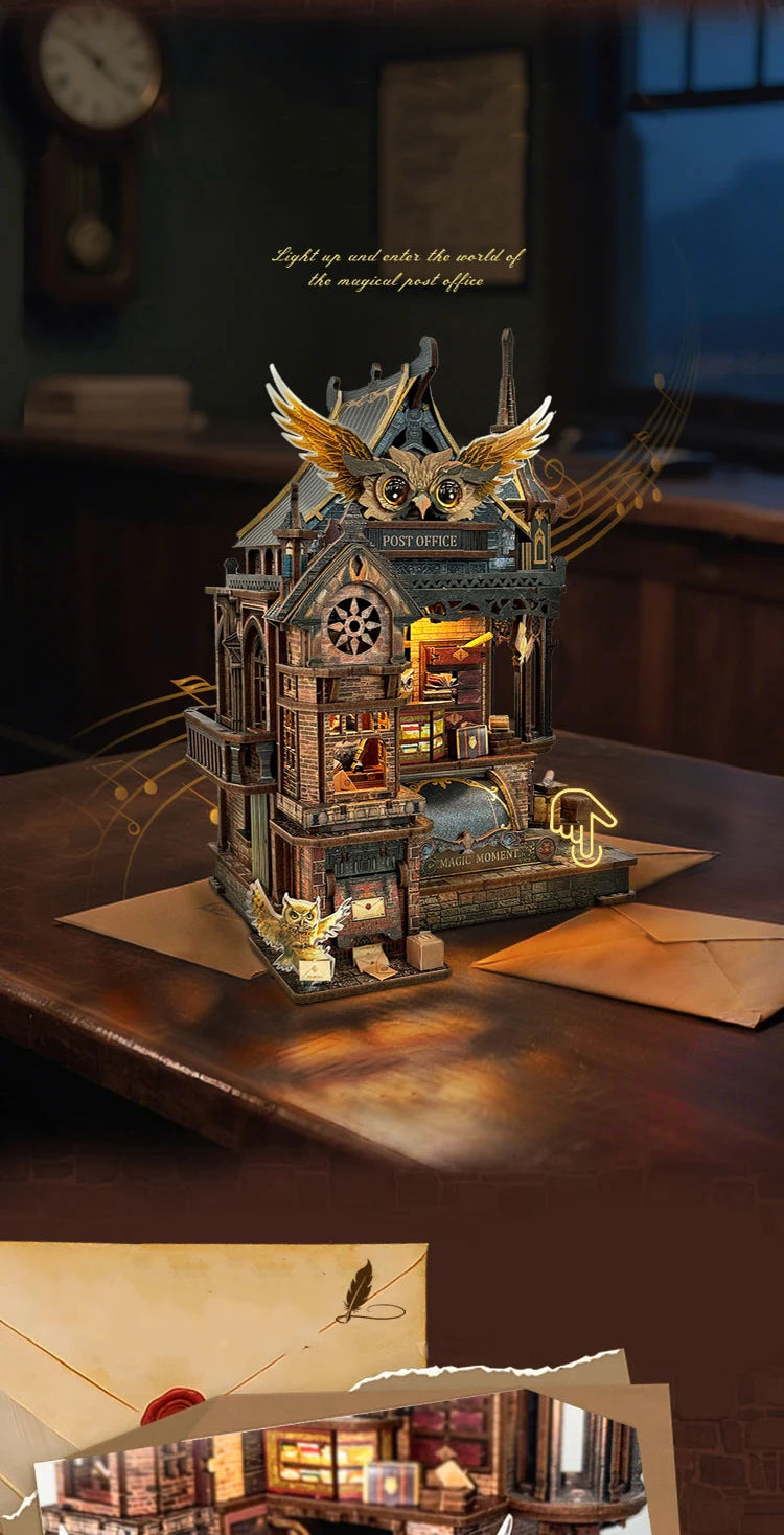 A detailed wooden miniature kit of an illuminated owl post office with furniture, presented on a dark surface.