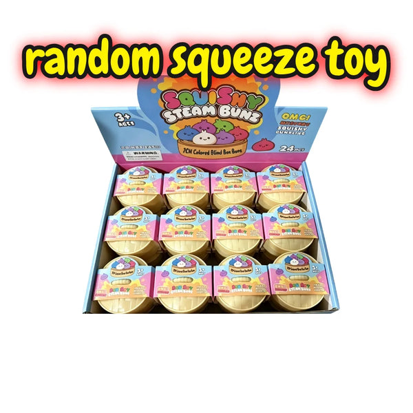 A box of colorful simulated dumpling stress relief squishy toys labeled Steam Bunz
