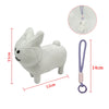 White plush rabbit stuffed toy with a purple hanging loop and leash