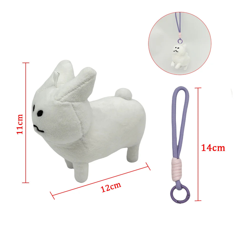 White plush rabbit stuffed toy with a purple hanging loop and leash