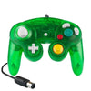 A green wired game controller for the Nintendo GameCube console.