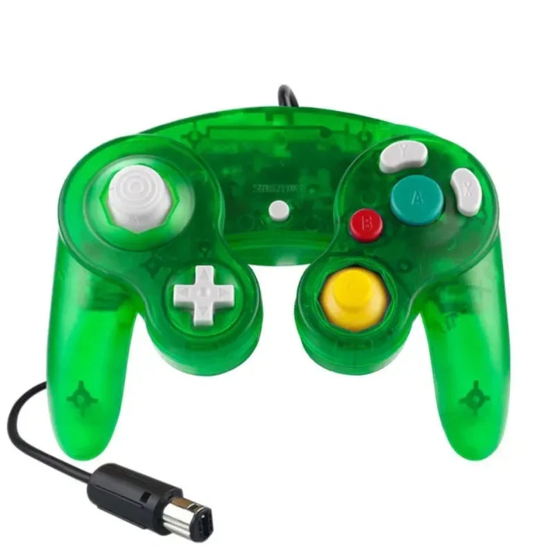 A green wired game controller for the Nintendo GameCube console.