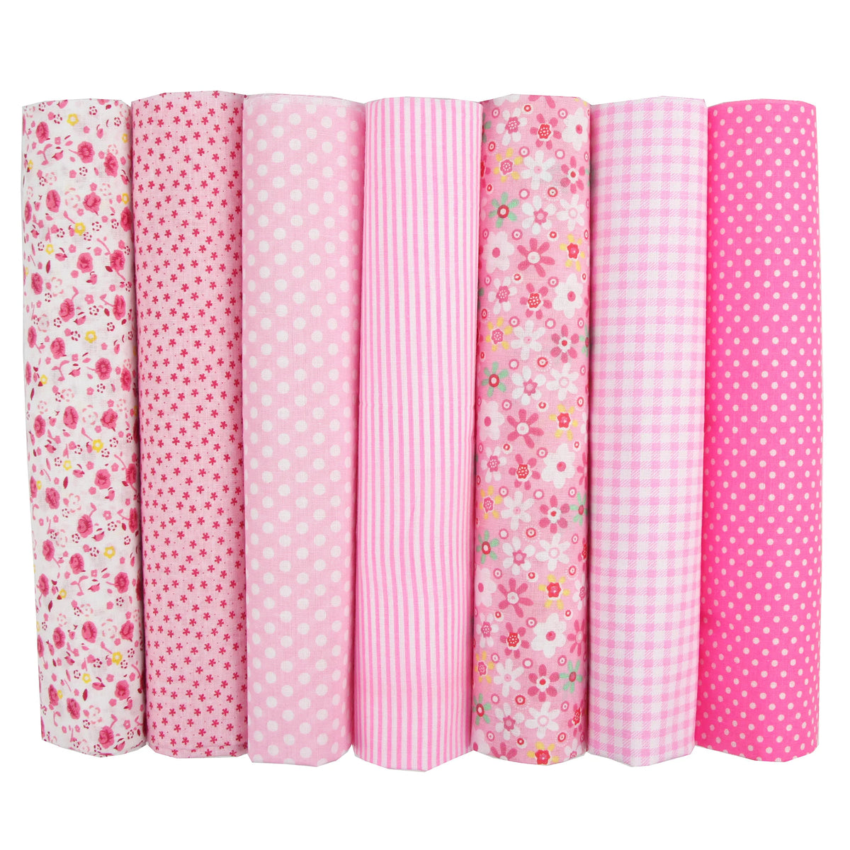 A pack of seven rolls of pink and white striped cotton fabric squares for quilting and patchwork