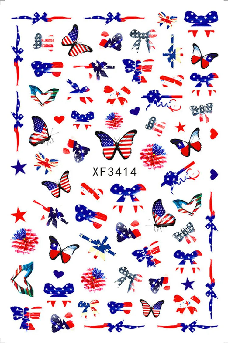 A collection of various USA flag nail decals and stickers in red, white, and blue patterns.