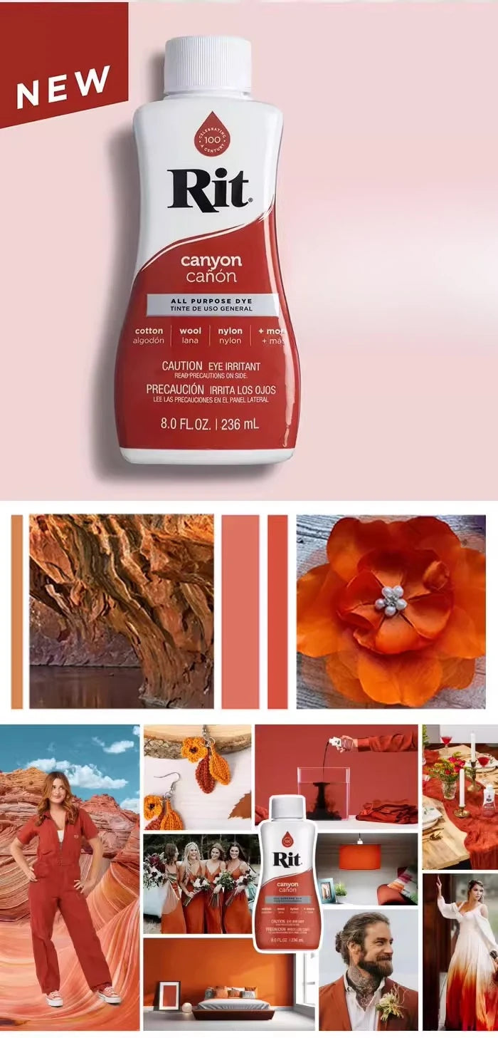 A bottle of Rit All Purpose Dye for fabric is shown with various colored fabric samples.