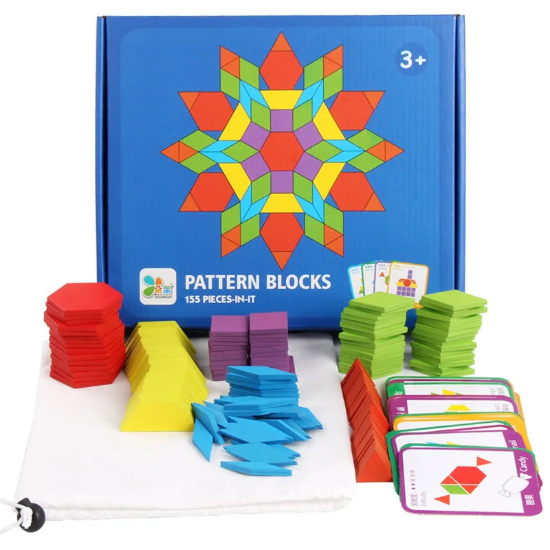 155-Piece Wooden Jigsaw Puzzle Set for Kids – Colorful Montessori Geometric Shapes Learning Toy