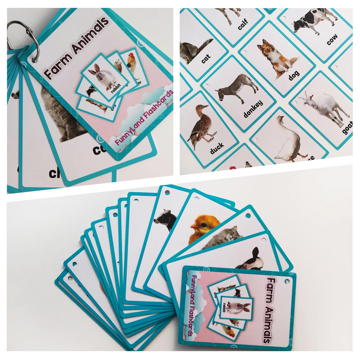 A set of colorful farm animals flashcards featuring various livestock and pets for children's learning.