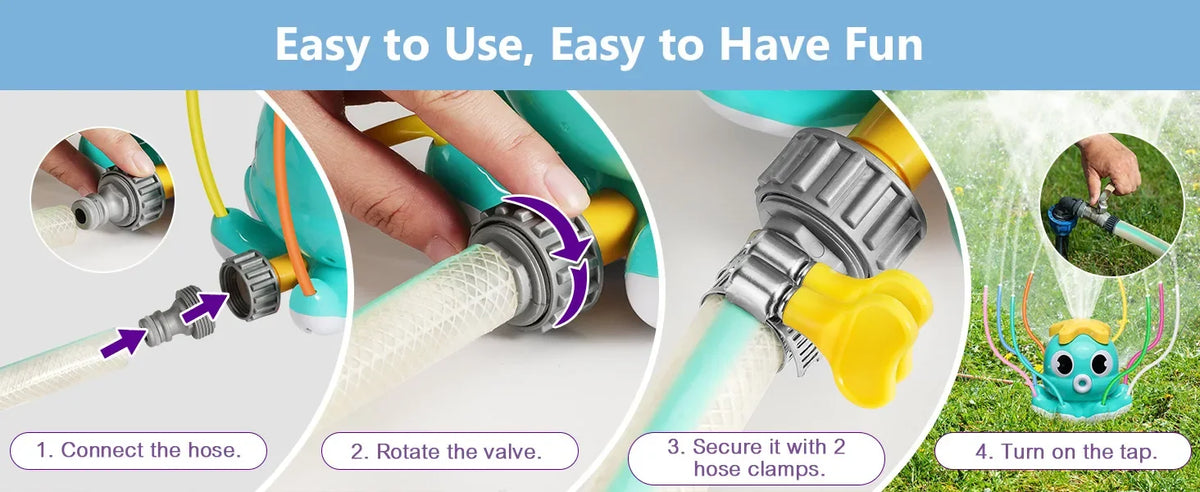 Step-by-step guide showing how to connect, rotate the valve, secure, and turn on the Octopus Water Spray Sprinkler for Kids t