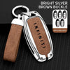 A silver key case cover with a brown buckle and leather strap is shown next to applicable keys.
