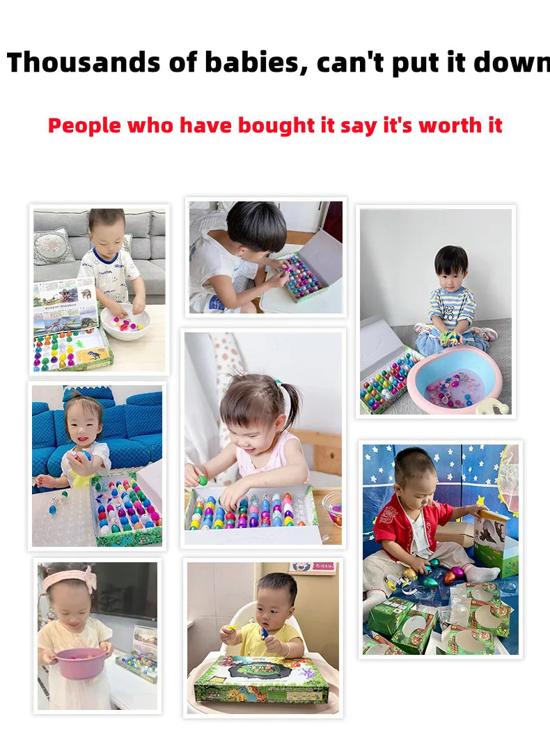 A collection of babies and adults interacting with a Magic Dinosaur Egg Hatching Set.