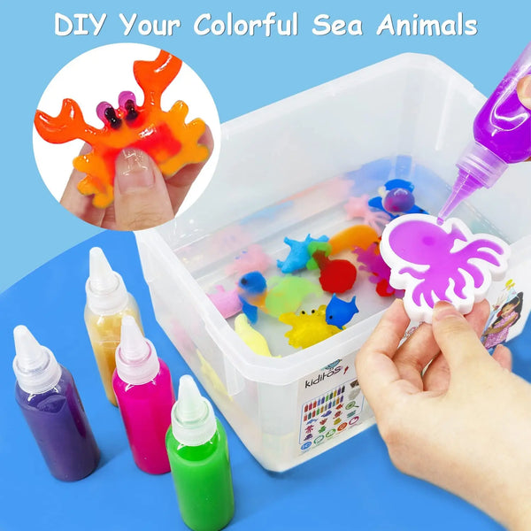 A DIY kit for making colorful sea animals using water beads and paints in a clear container.