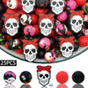 A set of 25 silicone Halloween skull beads in various colors and finishes for jewelry and crafting.
