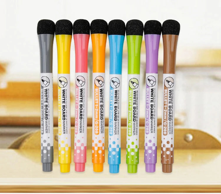 A set of ten magnetic dry-erase whiteboard markers in various colors including black, yellow, pink, orange, blue, green, purp