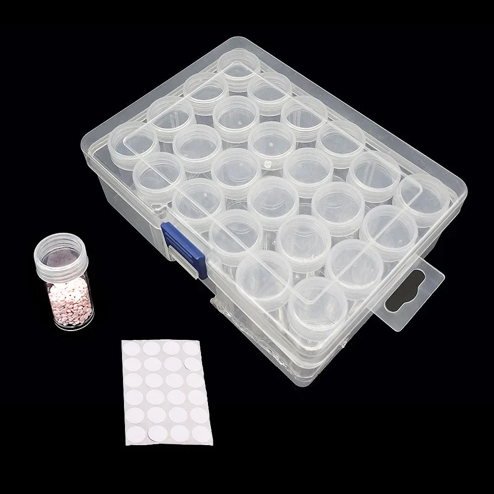 Clear diamond painting bead storage case with numbered bottles and labels, including a small jar of beads and white labels.