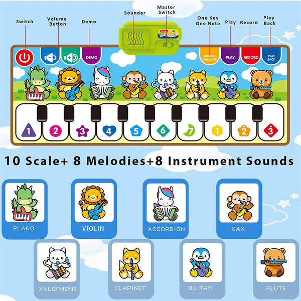 Musical fitness mat featuring 10 scales, 8 melodies, and 8 instrument sounds for children