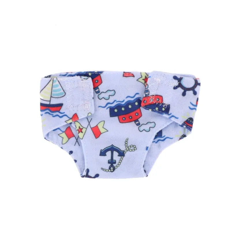 Light blue soft doll underwear featuring nautical and whimsical patterns