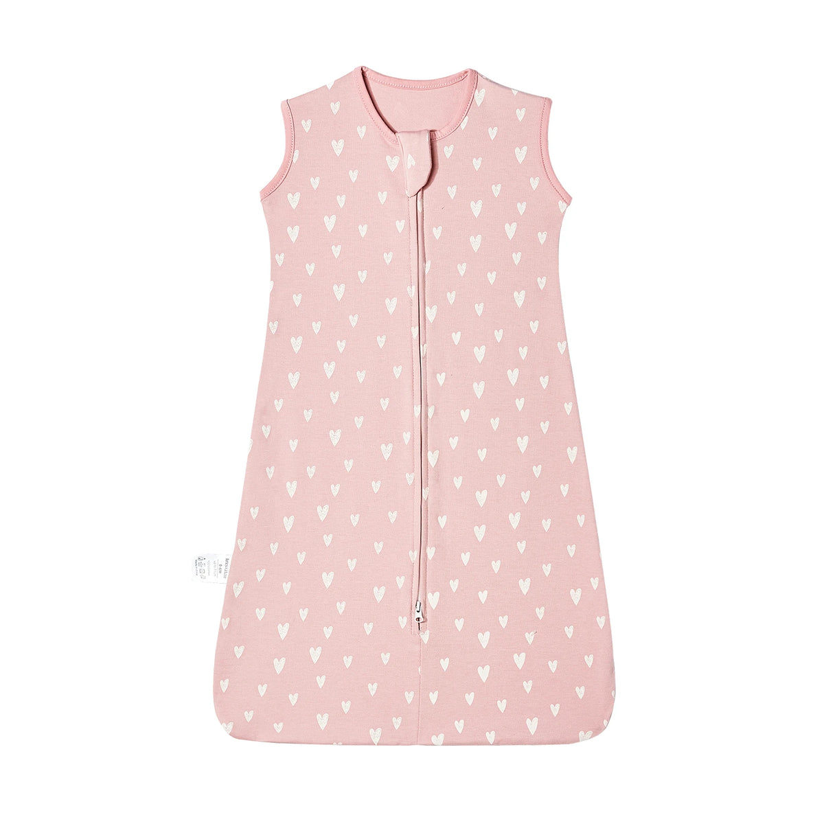 A pink cotton baby sleeping bag sleeveless anti-kick sack with a zipper.