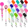 A set of colorful beadable badge reels with retractable clips displayed vertically.