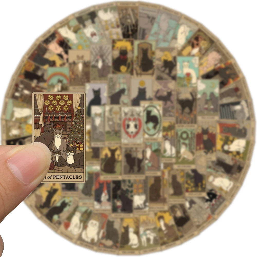 A circular image featuring a collage of cat tarot cards and illustrations.