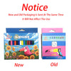 Comparison of new and old packaging for 36 vibrant colored triangular crayons.