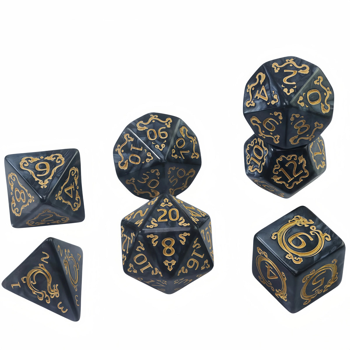 A set of black polyhedral dice featuring gold-colored numbers and symbols for tabletop role-playing games