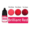 A set of Brilliant Red liquid candle wax pigment dyes shown in single, five, and ten drop quantities.
