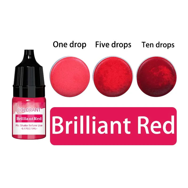 A set of Brilliant Red liquid candle wax pigment dyes shown in single, five, and ten drop quantities.