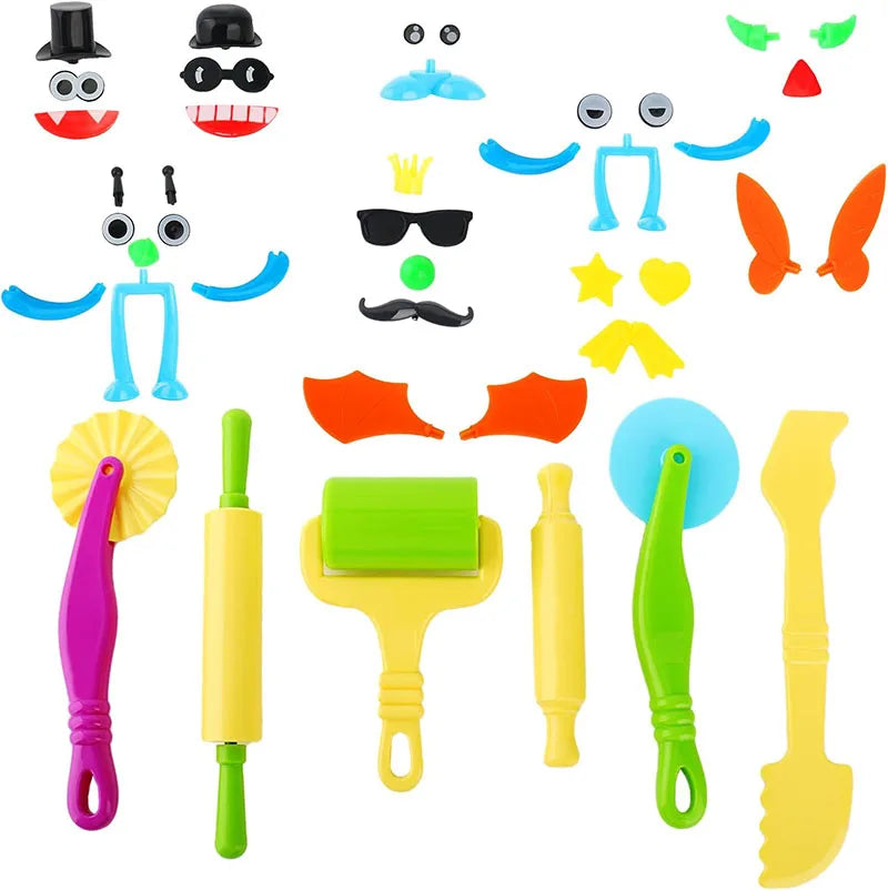 A set of creative play dough tools including various molds, cutters, and shaping implements for kids.