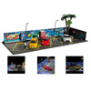 A 1:64 scale LED miniature car garage diorama featuring three cars and a parking lot setting.
