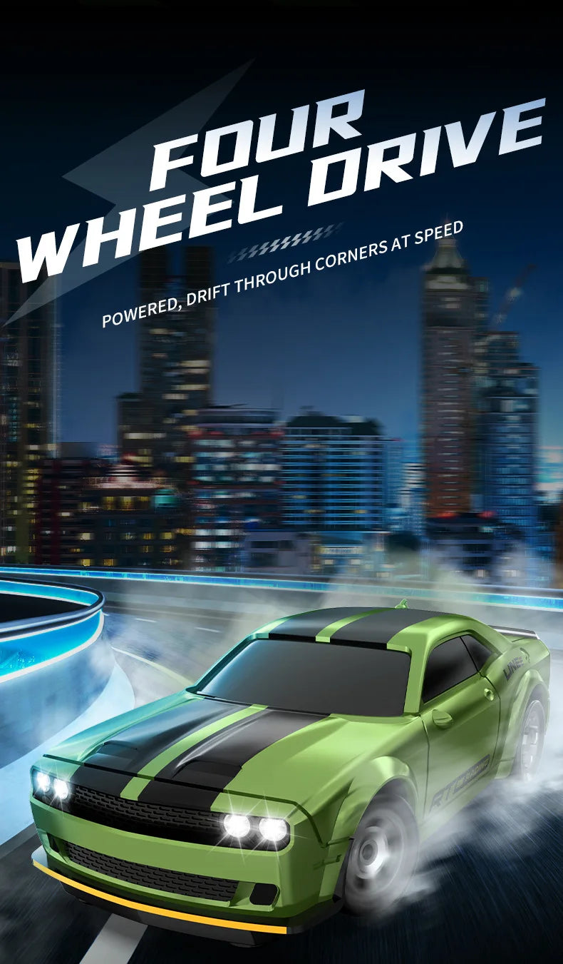 A green Mini 4WD stunt car is driving fast through a corner on a track at night.