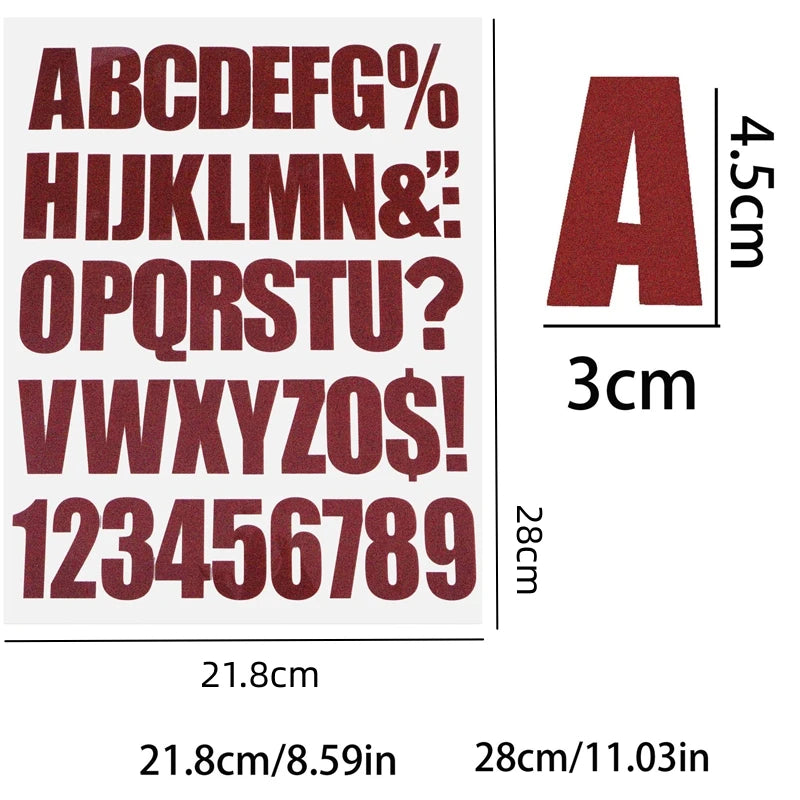 A set of DIY iron-on heat transfer patches featuring uppercase letters, numbers, and symbols in a maroon color.