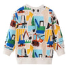 Kids cotton whale print long sleeve pullover sweatshirt featuring colorful construction vehicles and abstract shapes