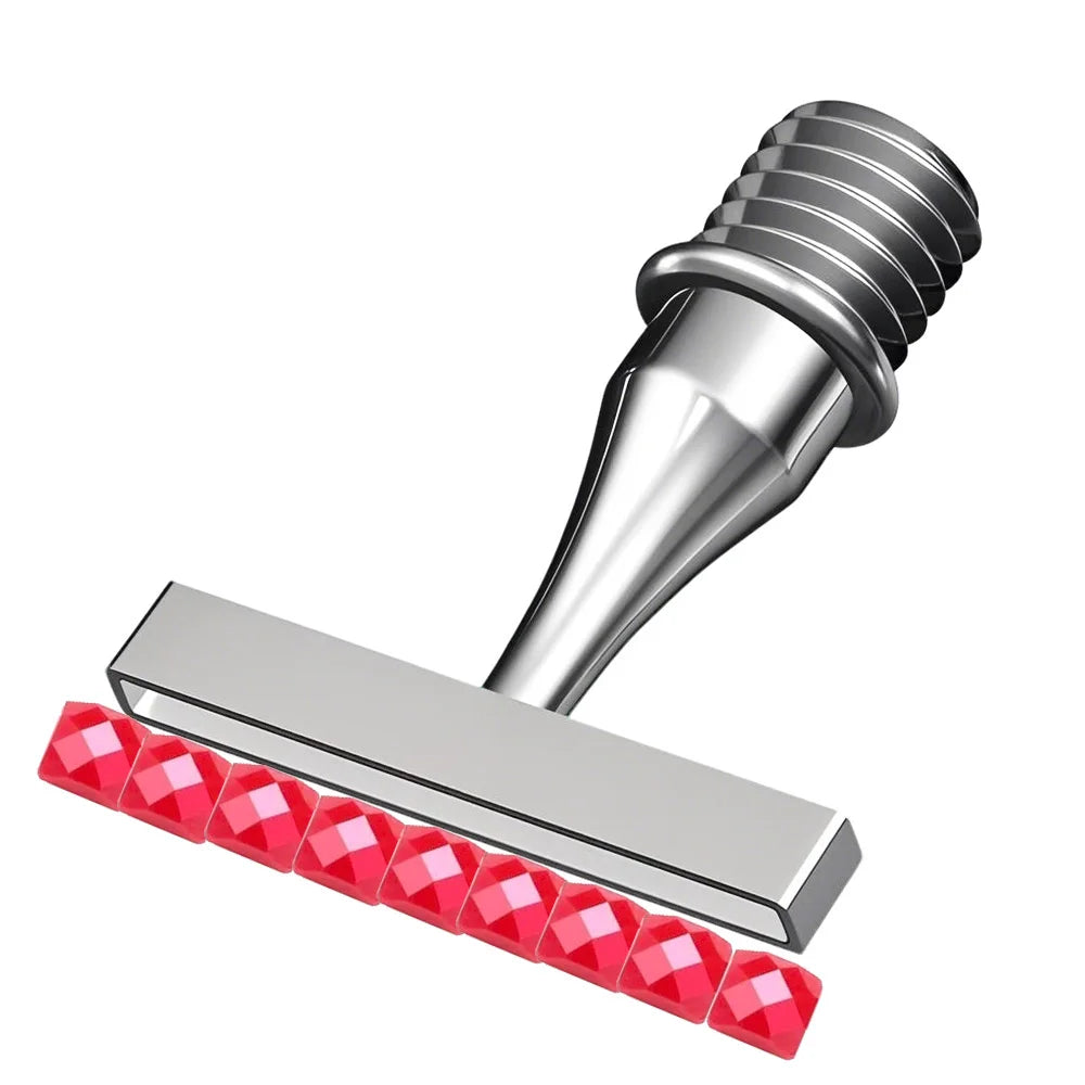 Ergonomic resin diamond art pen with interchangeable stainless steel tips and a row of red resin diamonds