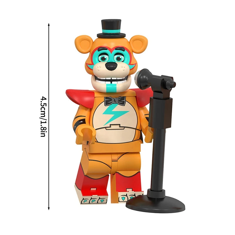 Mini building block figures of Bonnie and friends from Five Nights at Freddy's featuring orange and blue colors