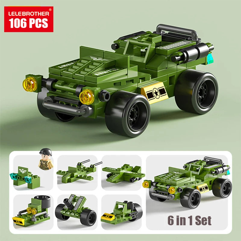 A green police helicopter and SWAT carrier vehicle building blocks set with various components.