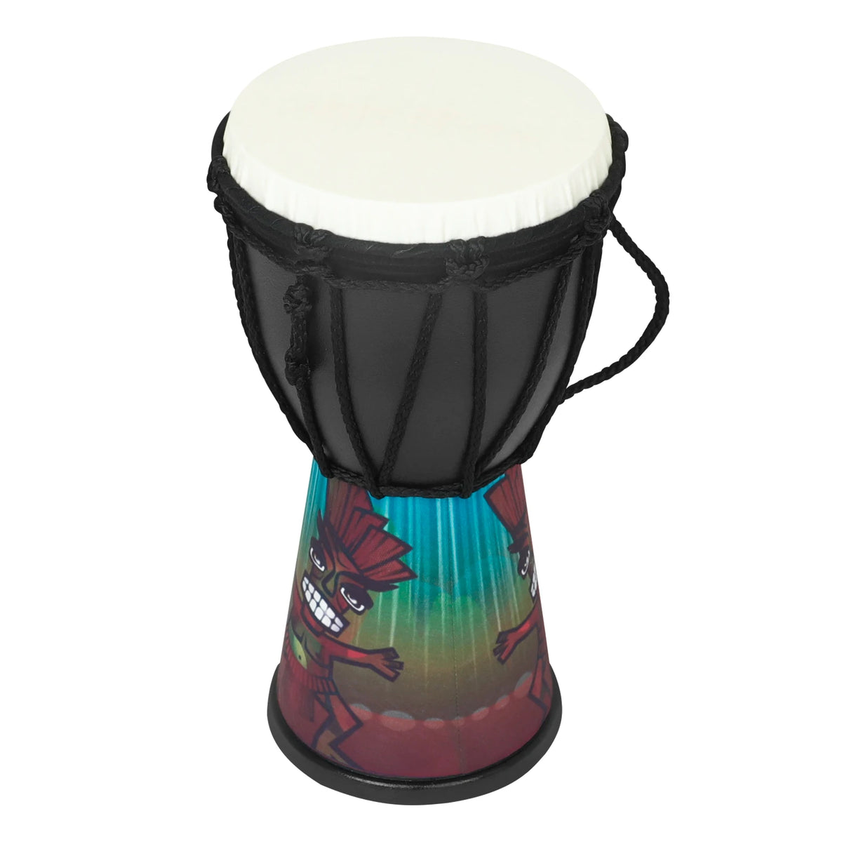 A colorful hand drum for kids with a black body and a painted design on the base.