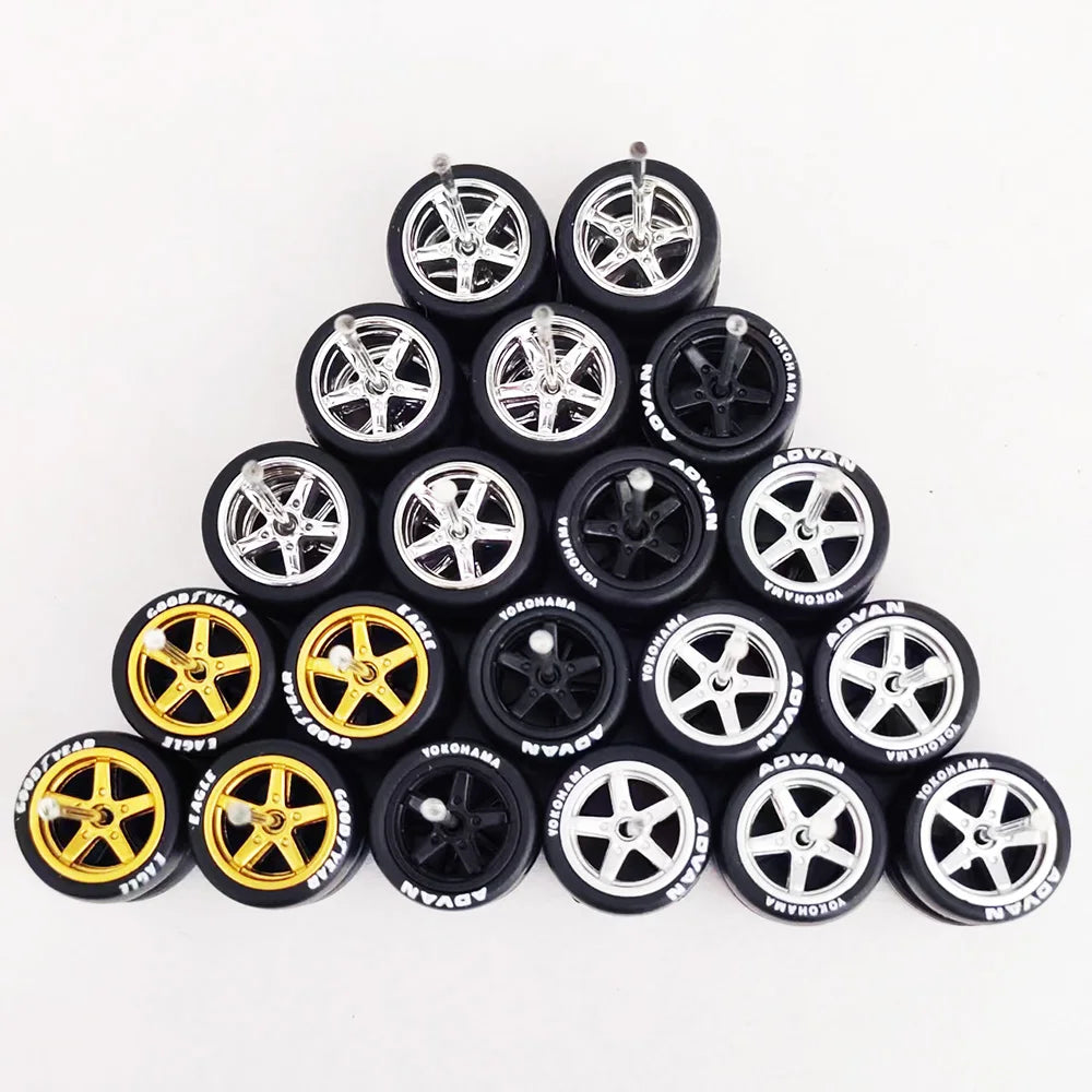 1/64 Scale Alloy Car Wheels with Rubber Tires - 10 Sets
