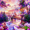A vibrant painting by numbers kit depicting a fantastical cherry blossom landscape with glowing lights and lush greenery.