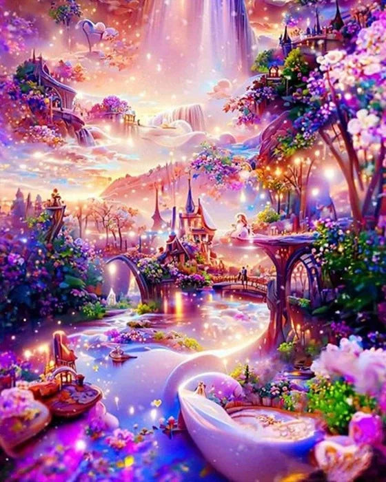 A vibrant painting by numbers kit depicting a fantastical cherry blossom landscape with glowing lights and lush greenery.