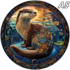 A detailed illustration of a brown marmot looking up against a glowing orange sunset background.