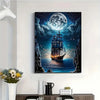 A painting of a pirate ship sailing under a large moon with stars and clouds.