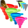 A set of colorful collapsible silicone funnels in various colors including red, green, blue, and gray.
