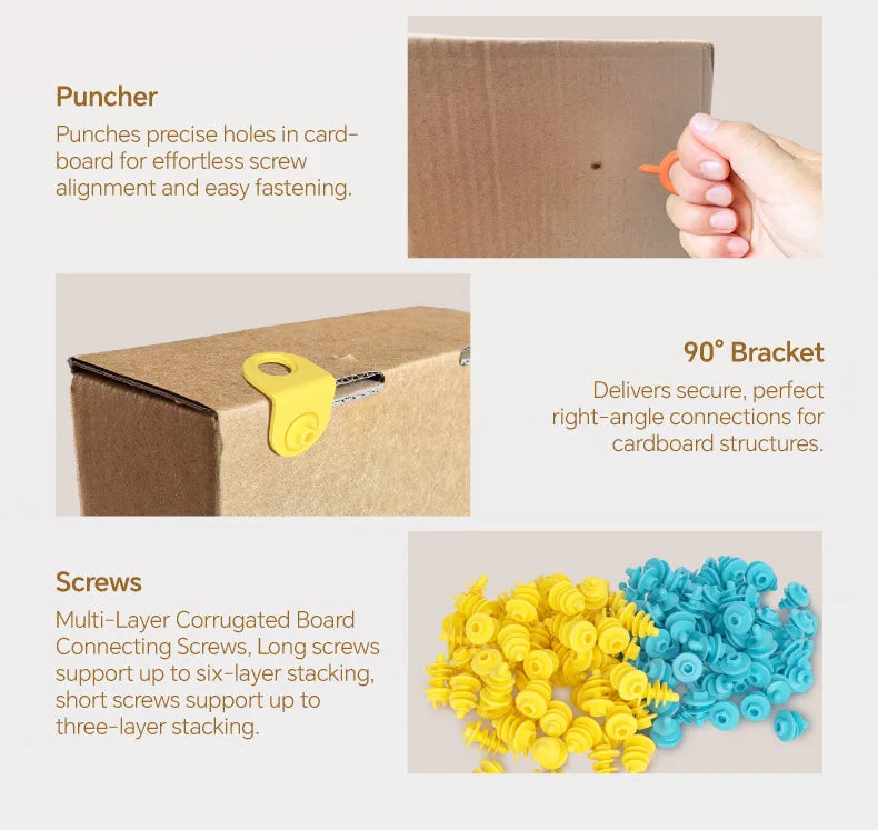 A set of tools including a puncher, a 90 degree bracket, and multi-layer corrugated board connecting screws for cardboard con