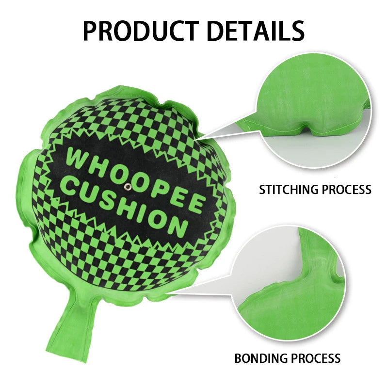 Product details showing a green Whoopee Cushion with diagrams illustrating the stitching and bonding processes.