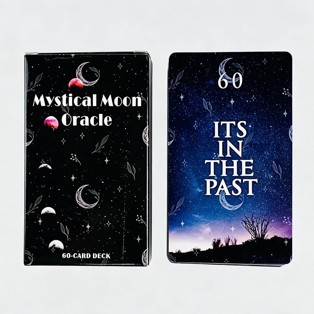 A set of black and dark blue oracle cards featuring mystical moon imagery and text on the cover.
